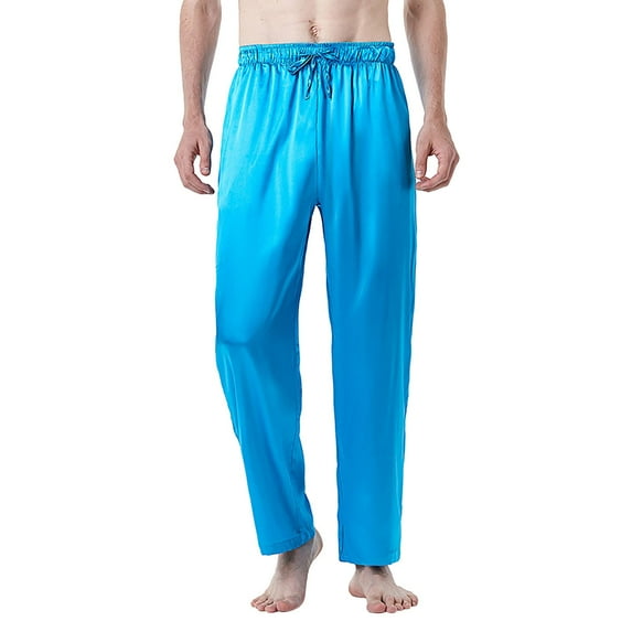 Rigardu pants for men men's pants work pants for men Spring Mens Solid Color Silk Pajamas European Code Casual Pants Simulation Silk Pants Men Blue+M