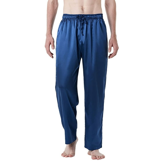 Rigardu pants for men men's pants work pants for men Spring Mens Solid Color Silk Pajamas European Code Casual Pants Simulation Silk Pants Men Navy Blue+XL