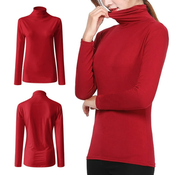 Rigardu plus size tops for women womens plus size tops Women's Casual Solid Long Sleeve Fitted Turtleneck Sweater Top Red + L
