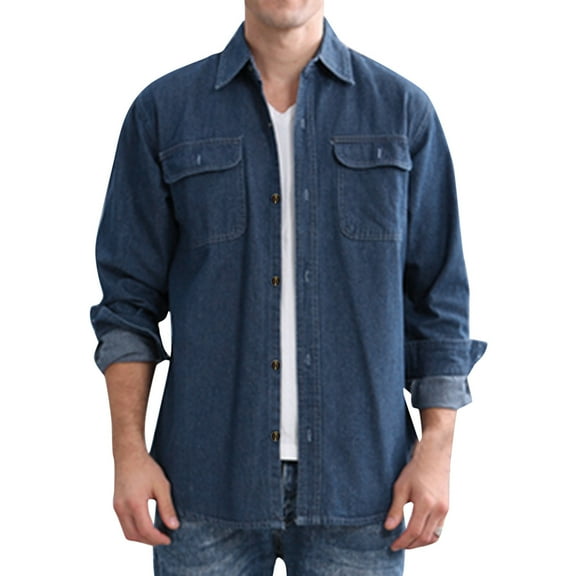 Rigardu shirts for men Men Long Sleeve Autumn Winter Casual Denim Shirts Fashion Top Blouse Shirts mens shirts Dark blue + XL
