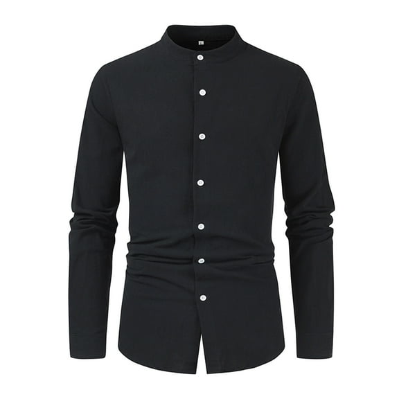 Rigardu shirts for men Men's Casual Solid Color Shirt Long Sleeve Half Cover Button Collarless Top mens shirts Black   M