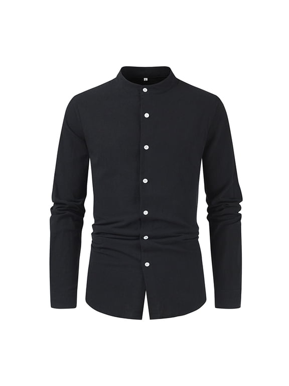 shirts for men Men's Casual Solid Color Shirt Long Sleeve Half Cover Button Collarless Top mens shirts Black + S