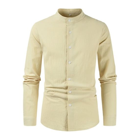 Rigardu mens shirts shirt for men men's t-shirts men's dress shirts Men's Casual Solid Color Shirt Long Sleeve Half Cover Button Collarless Top Khaki+3XL