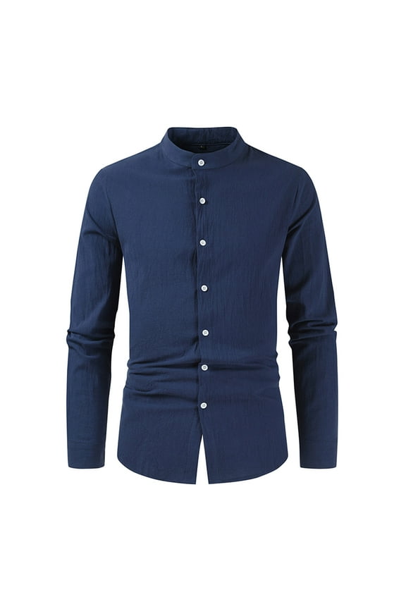 shirts for men Men's Casual Solid Color Shirt Long Sleeve Half Cover Button Collarless Top mens shirts Navy + 3XL