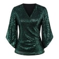 thumbnail image 1 of Rigardu shirts for women Womens Sequin Tops 3/4 Sleeve Glitter Sparkly Party Blouse V Neck Dressy Tops For Evening Party Army Green + L, 1 of 4
