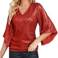 thumbnail image 1 of Rigardu shirts for women Womens Sequin Tops 3/4 Sleeve Glitter Sparkly Party Blouse V Neck Dressy Tops For Evening Party Red + XXL, 1 of 4