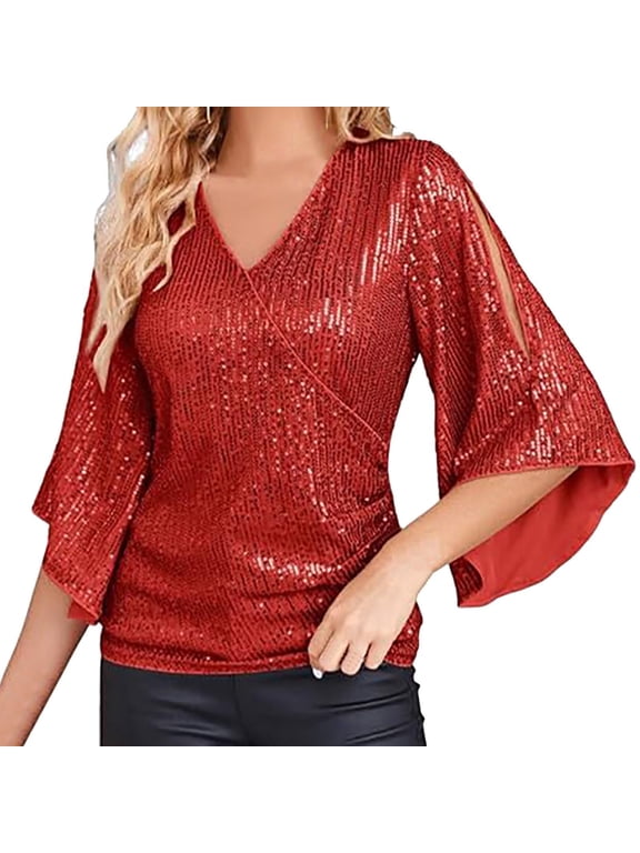 shirts for women Womens Sequin Tops 3/4 Sleeve Glitter Sparkly Party Blouse V Neck Dressy Tops For Evening Party Red + XXL