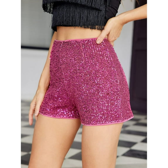 Rigardu shorts for women High Waisted Sequin Shorts For Women Elastic Straight Leg Sparkly Glitter Party Shorts womens shorts Hot Pink + XL