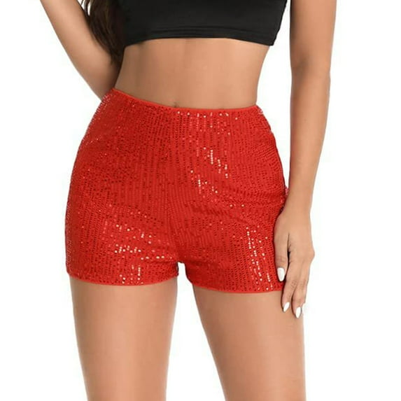 Rigardu shorts for women High Waisted Sequin Shorts For Women Elastic Straight Leg Sparkly Glitter Party Shorts womens shorts Red + M