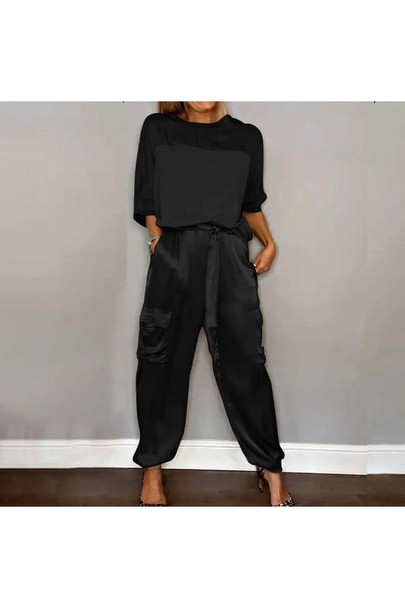 suits for women Womens 2 Piece Outfits Dressy Pant Suits for A Wedding Casual Irregular Satin Wide Leg Pant Sets Black + M