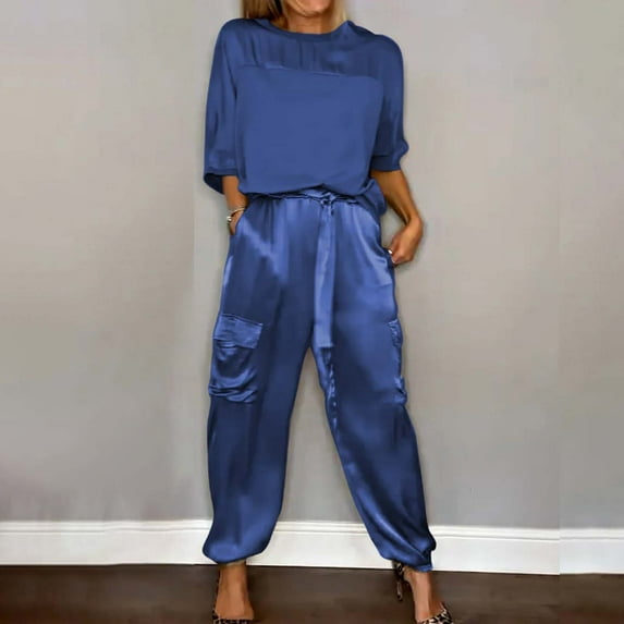 Rigardu suits for women Womens 2 Piece Outfits Dressy Pant Suits for A Wedding Casual Irregular Satin Wide Leg Pant Sets Blue + XL