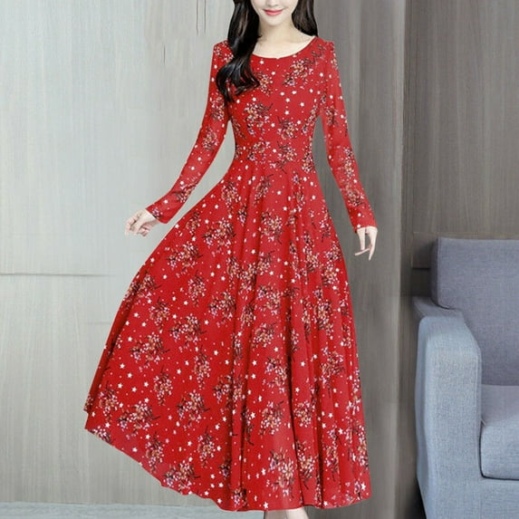Rigardu summer dresses for women Vintage Beach Boho Long Party Sleeve Floral Dress Women Dress Casual Women's Dress womens dresses casual dresses for women Red + XL