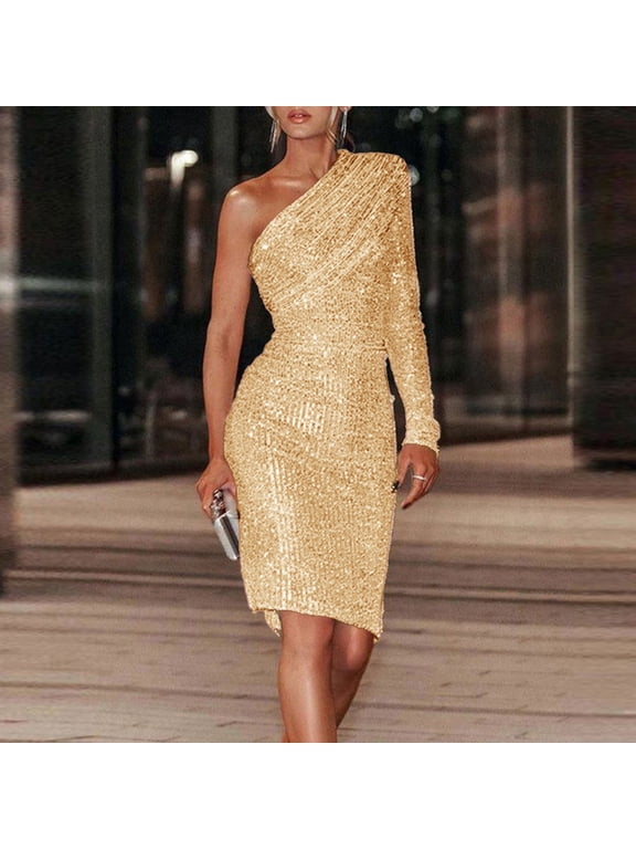summer dresses for women Women Fashion Long Dress Shoulder One Sequin Ruched Shoulder Fcold Sequin Solid Dress womens dresses casual dresses for women Gold + L