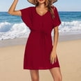 thumbnail image 1 of Rigardu swimsuit coverup for womenswim cover up for women Summer Women's Short Sleeved Beach Outfit Loose V Neck Bikini Waist Tied Dress Beach Swimsuit Cover Up Red + L, 1 of 4