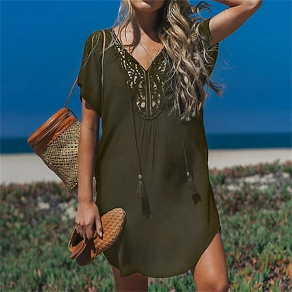 Rigardu swimsuit coverup for womenswim cover up for women Womens Swimsuit Coverup Lace Crochet V Neck Bathing Suit Cover Up Dress Beach Cover Ups for Swimwear Army Green 3XL