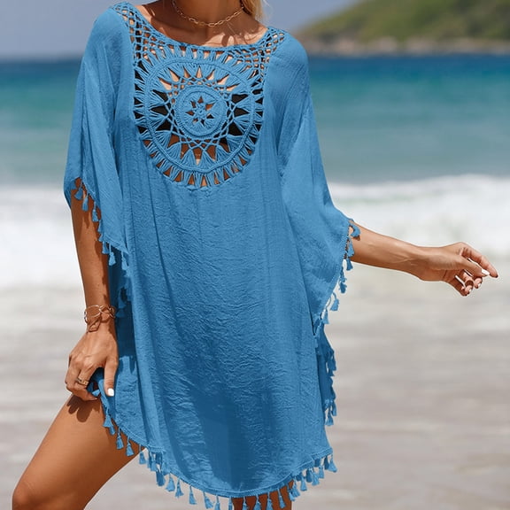 Rigardu swimsuit coverups for women Womens Solid Color Patchwork Beach Dress Small Tassel Shortbeach Coverup cover ups for swimwear women Blue   One size