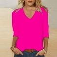 thumbnail image 1 of Rigardu t shirts for women womens t shirts Women's Summer Solid V Neck 3/4 Sleeve Loose Casual Top women's t-shirts Hot Pink + L, 1 of 5