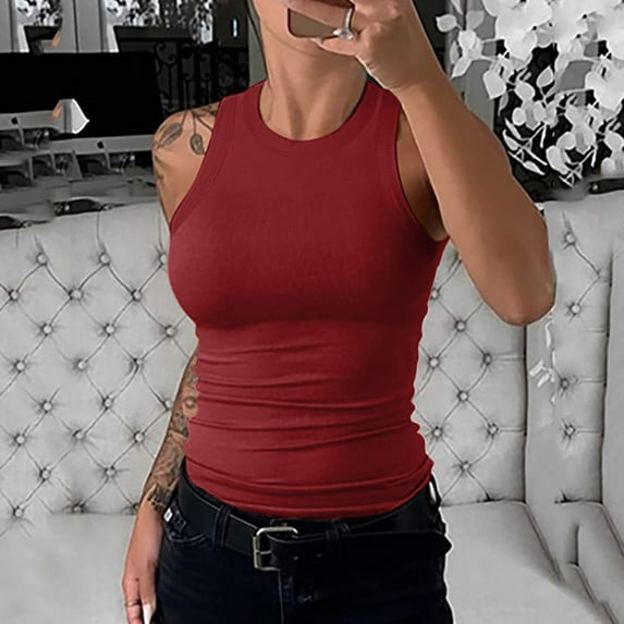 Rigardu tank top for women womens tank tops Sleeveless Tank Top Blouse Women Racerback Slim Top Knit Ribbed Shirt Women's Blouse Red + L