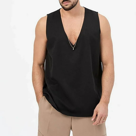 Rigardu tanks for men mens tank top Men's Fashion Spring And Summer Casual Sleeveless V Neck Solid Color Pullover Undershirt Men's Sports Undershirts Black + XL