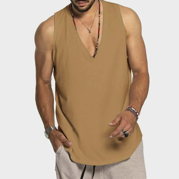 Rigardu tanks for men mens tank top Men's Fashion Spring And Summer Casual Sleeveless V Neck Solid Color Pullover Undershirt Men's Sports Undershirts Khaki + 3XL