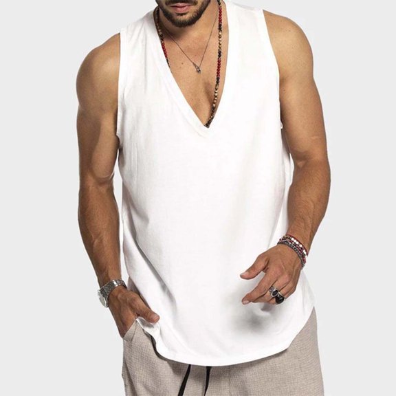 Rigardu tanks for men mens tank top Men's Fashion Spring And Summer Casual Sleeveless V Neck Solid Color Pullover Undershirt Men's Sports Undershirts White + XL