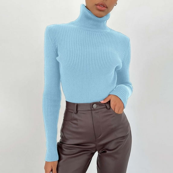 Rigardu blouses for women Women Soft Sweater Slim Fit Lightweight Long Sleeve Turtleneck Tops Undershirt Knitted Warm Fitted Fashion Pullover Sweater Sky Blue+One size