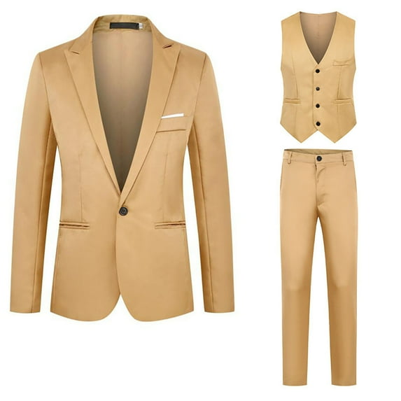 Rigardu two piece sets for men Men'S Suit Suit Solid Color Fashion Casual Dress Up Suit Pants Jacket Undershirt Three Piece Set Khaki+XXL