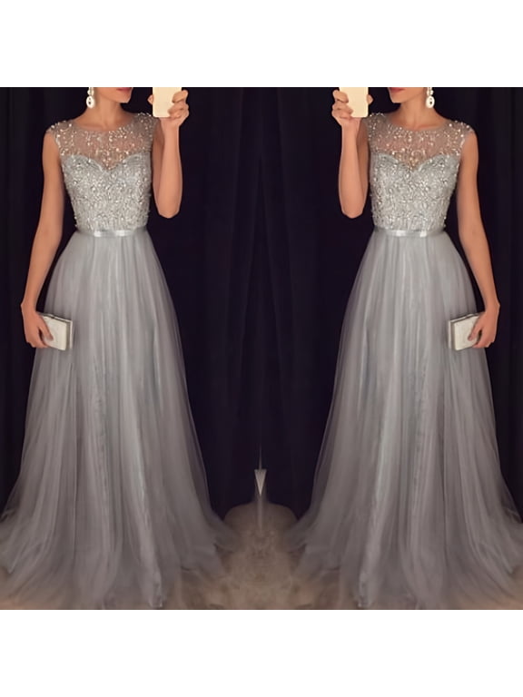 women's formal dresses Women Elegant Formal Party Mesh Sleeveless High Waist Sequins Shinning Wedding Prom Gown Long Dress Grey+XL