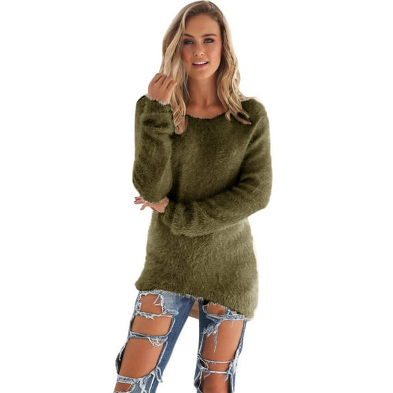 Rigardu womens sweaters sweaters for women womens sweaters fall 2023 Casual Tops O-neck Solid Blouse Long Sweaters Womens Sleeve Jumper Women's Blouse Army Green XXL