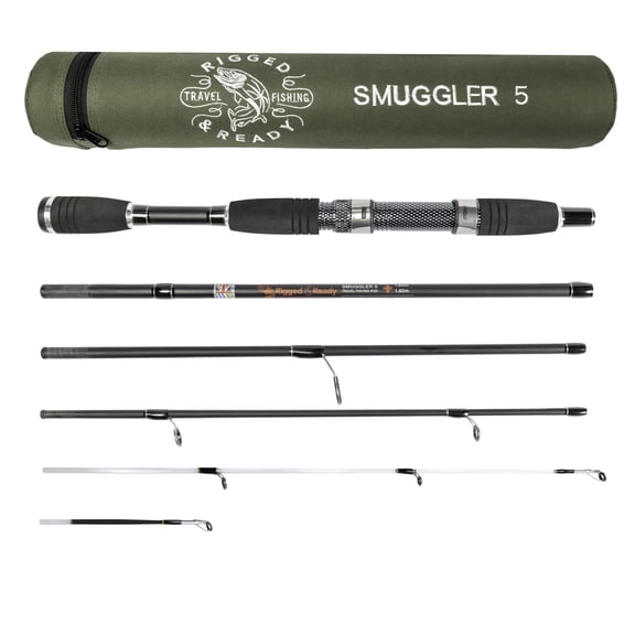 Rigged and Ready Smuggler 5 Travel Fishing Rod & Case. Compact medium-short length 5.25 (160cm) rod, with 2 tips, for spin and general fishing. For fish up to 6lbs (3kg)