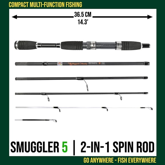 Rigged & Ready Smuggler Series Travel Fishing Rod – Portable, Super Compact Bass, Carp & Lure Spinning Rod with 5 Poles + Case, 2 or 4 Tips for Freshwater & Saltwater Fishing
