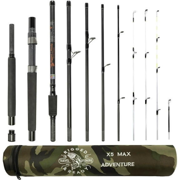 Rigged and Ready X5 MAX Powerful Travel Fishing Rod Super Compact, multi-functional travel rod. 1 Rod 9 combinations. 2.70m (8.9), 2.45m (8), 2.25m (7.4) lengths. Compact 43cm 16.5 Carry Case.