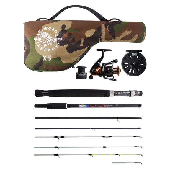 Rigged And Ready X5 Travel Fishing Combination.Super Compact,Carry Size 40Cm(15.8’),Multi-Functional Rod+4 Tips,1 Spin Reel +1 Fly Reel + Case. 1 Rod 5 Fishing Options.2.22M(7’ 3”)+1.9M (6'3") Length
