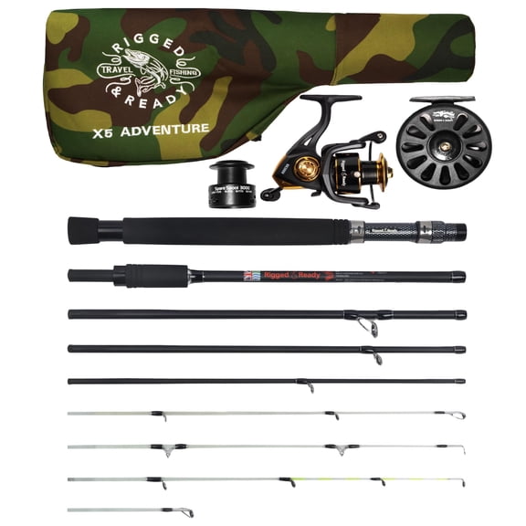 Rigged And Ready X5 Travel Fishing Combination.Super Compact,Carry Size 40Cm(15.8),Multi-Functional Rod+4 Tips,1 Spin Reel +1 Fly Reel + Case. 1 Rod 5 Fishing Options.2.22M(7 3)+1.9M (6'3") Length