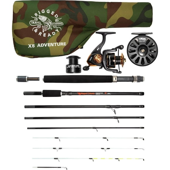 Rigged And Ready X5 Travel Fishing Combination.Super Compact,Carry Size 40Cm(15.8),Multi-Functional Rod+4 Tips,1 Spin Reel +1 Fly Reel + Case. 1 Rod 5 Fishing Options.2.22M(7 3)+1.9M (6'3") Length