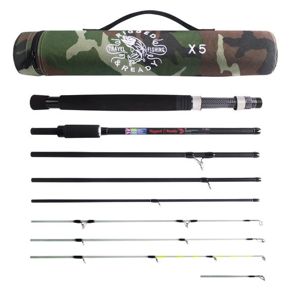 Rigged and Ready X5 Travel Fishing Rod. Super Compact, Carry Size 40cm (15.8’), Multi-Functional Travel Rod + 4 Tips + case. 1 Rod with 5 Fishing Options. 2.22m (7’ 3”) + 1.9m (6'3") Lengths.