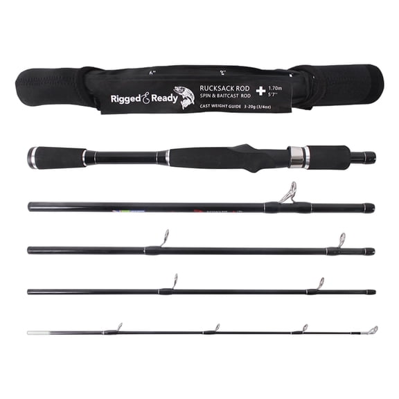 Rigged and Ready Spinning Travel Fishing Rucksack Rod 5' 6" 170 cm . Compact Length 15.5’ 40 cm