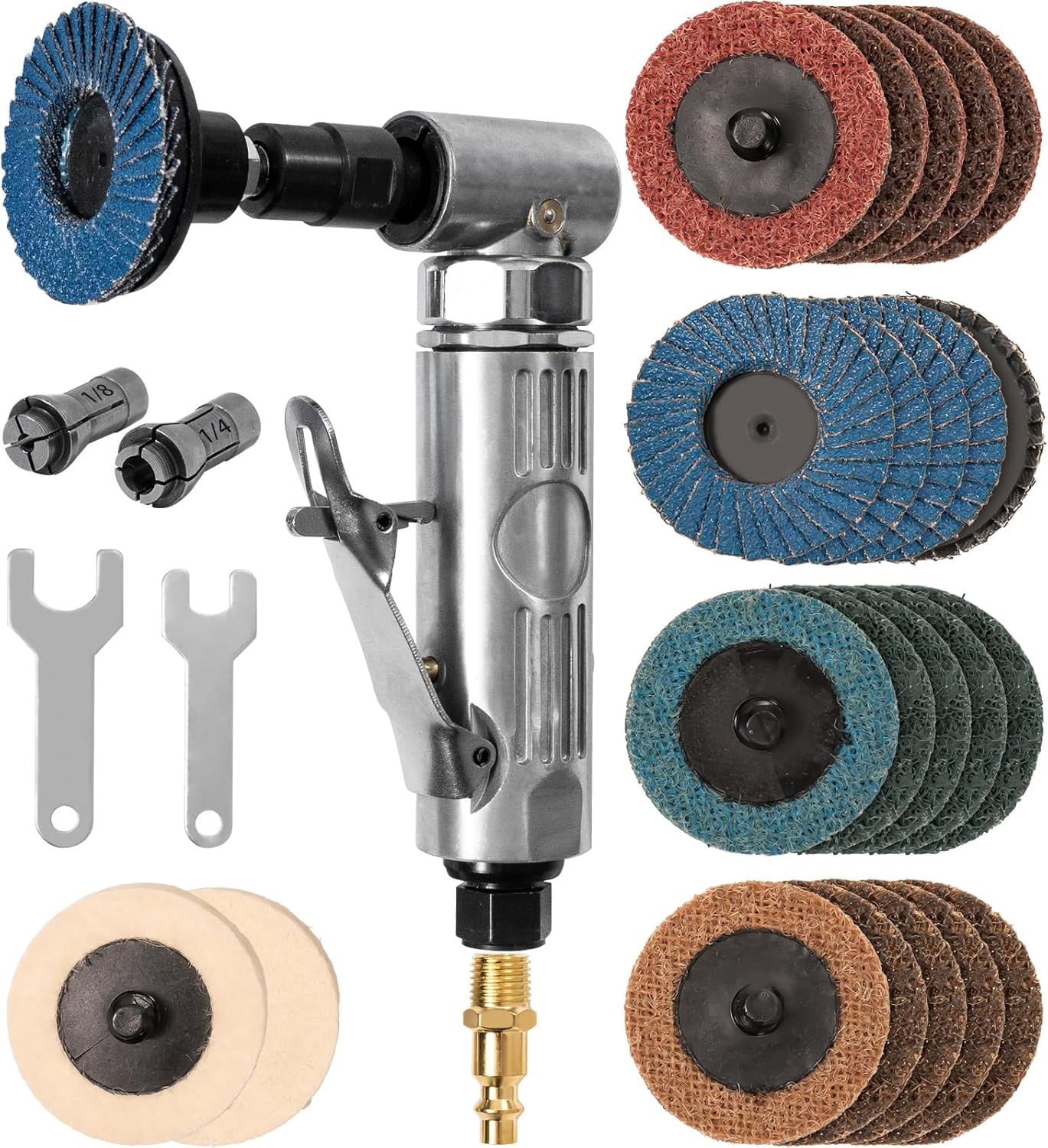 Right Angle Air Die Grinder With 22 Pcs 2-Inch Roll Lock Sanding Discs, 1/4 Inch Pneumatic Die Grinder Tool Mini Angle Grinder Kit For Grinding Polishing Deburring