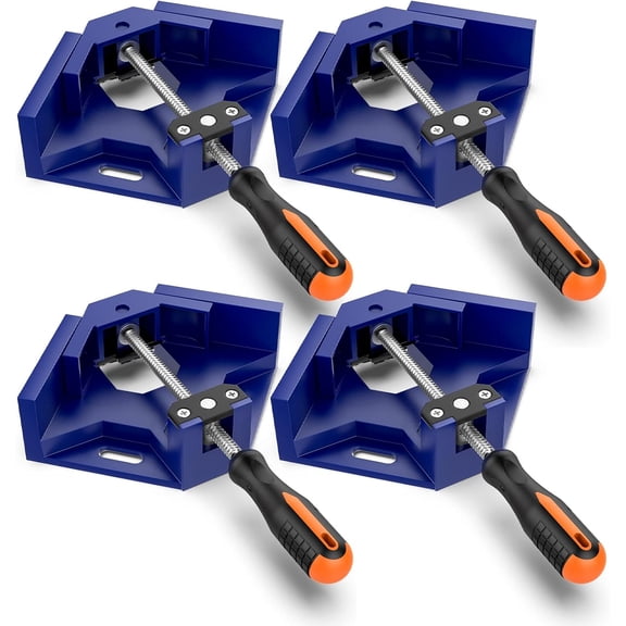 Right Angle Clamp,  [4 PACK] Single Handle 90° Aluminum Alloy Corner Clamp, Right Angle Clip Clamp Tool Woodworking Photo Frame Vise Holder with Adjustable Swing Jaw - Blue