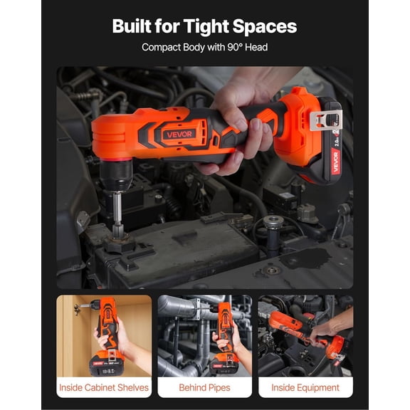 Right Angle Drill, 3/8 Inch Chuck, 90 Degree Cordless Right Angle Drill with Brushless Motor, Battery, Charger, and Belt Clip, Adjustable Speed, for Fastening and Loosening in Tight Spaces