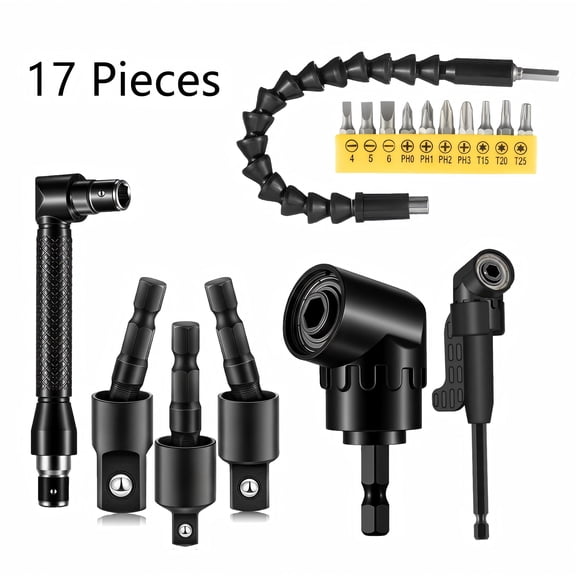 Right Angle Drill Attachment Set - 17 Piece Flexible Bit Extension for Tight Spaces, 105 Degree Adapter and Socket Set for Cabinet and Auto Repair