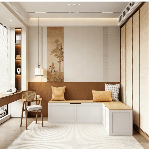 Right-Angle Light-Colored Storage Bench with Extra-Large Storage Compartment - Easy to Assemble, Multi-Functional Seat for Living Room, Bedroom, Entryway