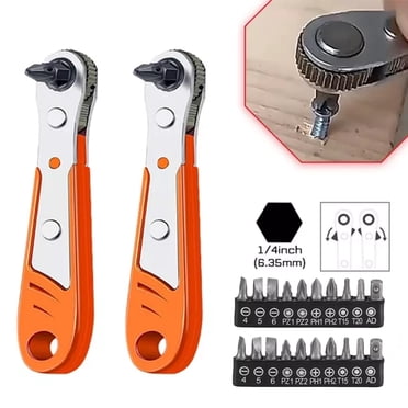 90 Degree Ratcheting Right Angle Screwdriver Set – 1/4" Hex Drive + 10 Bits