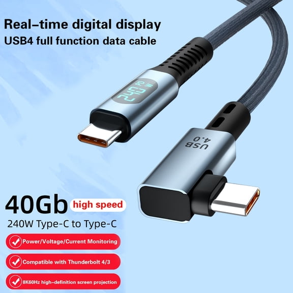 Right Angle USB-C to USB-A 4 with LCD Display 240W Charging 8K@60Hz 40Gbps Transfer Thunderbolt 3 Cables