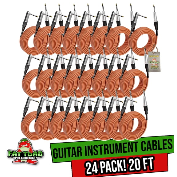 Right-Angled Guitar Cables (24-Pack) by FAT TOAD | 20FT 1/4-Inch Straight-End 24GA Instrument Cords for Electric Guitar, Bass, Pedal, Keyboard, Speaker Amplifier & Studio Recording