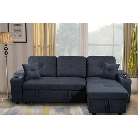 Right Chaise Longue Sectional , Dark Grey. Armrest Storage And 2 Bolster. Convertible Corner With Variable Corners. Pull Out Bed Feature. Double Cup Holder Side Pockets. Modern Home Decor Element