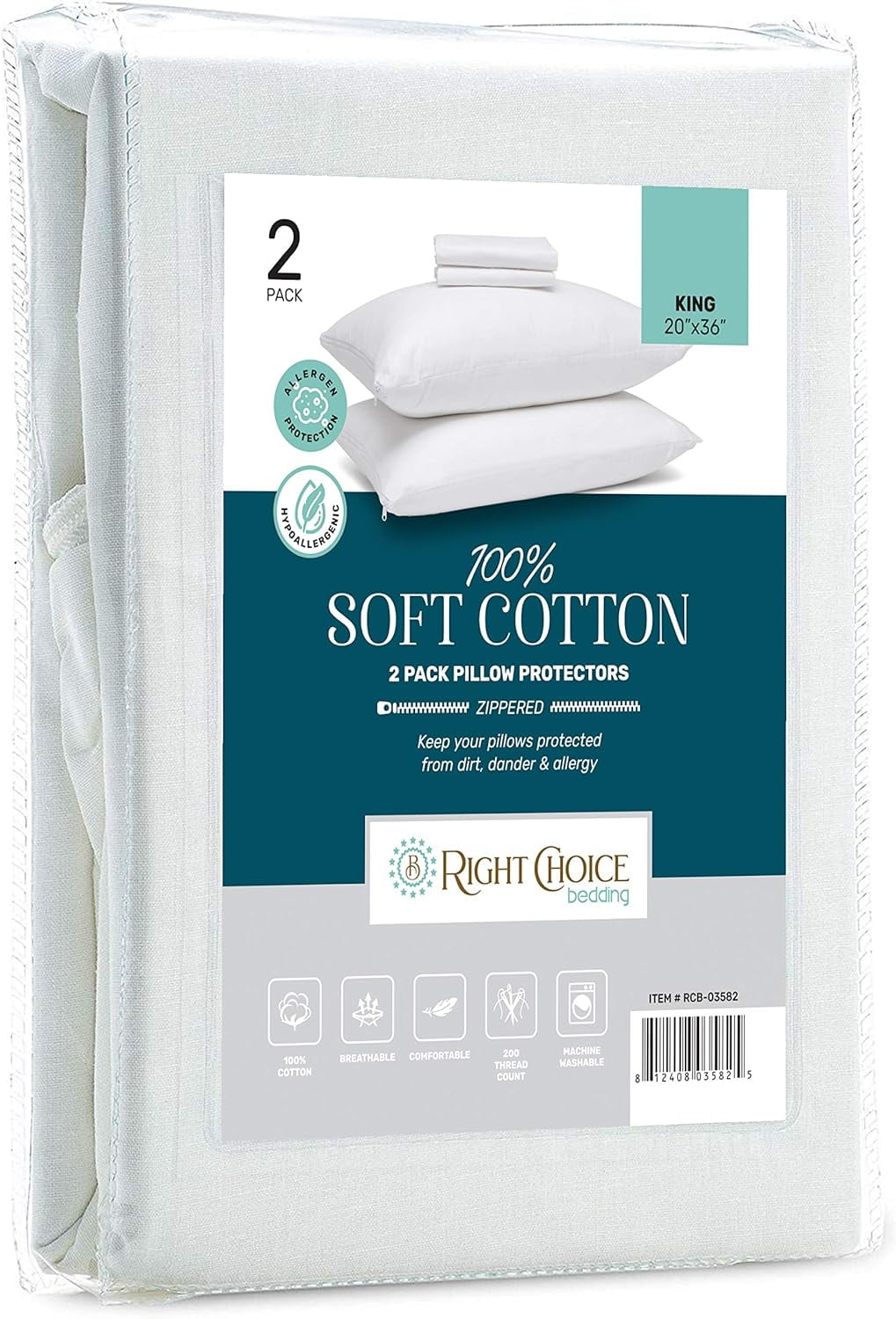 King Size White Cotton Zippered Pillow Protectors - Set of 2