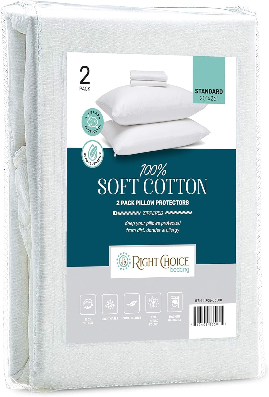 Standard White Cotton Hypoallergenic Zippered Pillow Protectors - Set of 2
