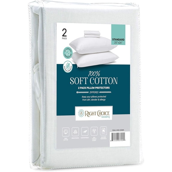 Right Choice Bedding Cotton Pillow Protectors with Zipper - Superior Hypoallergenic Pillow Covers, Zip Up Pillowcase Standard Size 20x26 (Set of 2)