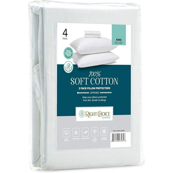 Right Choice Bedding Cotton Pillow Protectors with Zipper, Superior Pillow Covers, King Size Pillow Protector 20x36 (Set of 4)